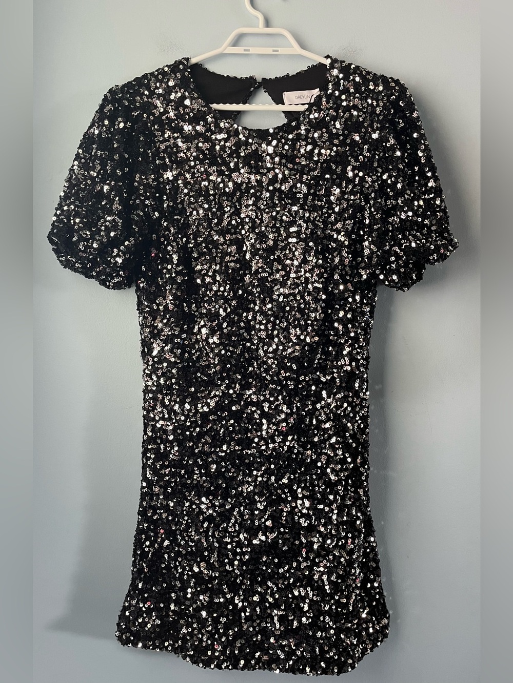 NWT Greylin Anthropologie Black Silver Sequin Open Back Mini Party Dress Size L